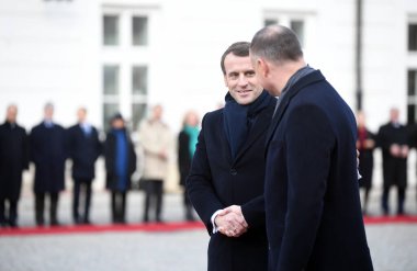 Varşova, Polonya. 3 Şubat 2020. Fransa Cumhurbaşkanı Emmanuel Macron, Polonya Cumhurbaşkanı Andrzej Duda 'yı 3 Şubat' ta Polonya 'nın Varşova kentindeki Cumhurbaşkanlığı Sarayı' nda ziyaret etti. Fotoğraf: Maciej Gillert