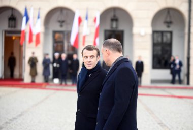 Varşova, Polonya. 3 Şubat 2020. Fransa Cumhurbaşkanı Emmanuel Macron, Polonya Cumhurbaşkanı Andrzej Duda 'yı 3 Şubat' ta Polonya 'nın Varşova kentindeki Cumhurbaşkanlığı Sarayı' nda ziyaret etti. Fotoğraf: Maciej Gillert
