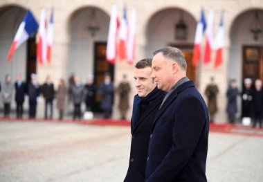 Varşova, Polonya. 3 Şubat 2020. Fransa Cumhurbaşkanı Emmanuel Macron, Polonya Cumhurbaşkanı Andrzej Duda 'yı 3 Şubat' ta Polonya 'nın Varşova kentindeki Cumhurbaşkanlığı Sarayı' nda ziyaret etti. Fotoğraf: Maciej Gillert