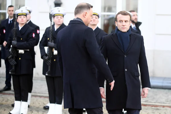 波兰华沙 2020年2月3日 法兰西共和国总统伊曼纽尔 马克龙2月3日在波兰华沙总统府访问了波兰总统安德烈 Maciej Gillert — 图库照片