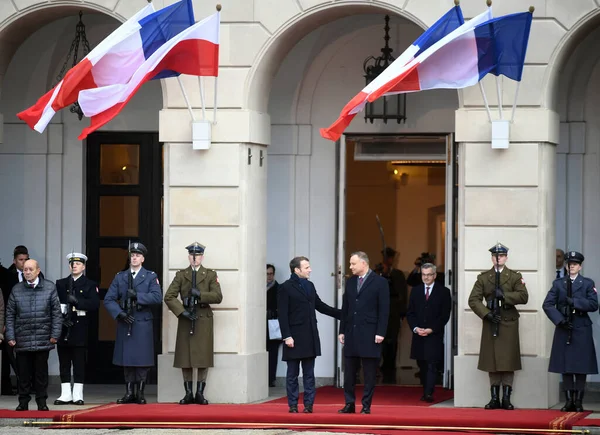Varsovie Pologne Février 2020 Président République Française Emmanuel Macron Rend — Photo