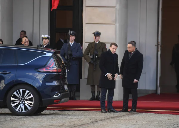 波兰华沙 2020年2月3日 法兰西共和国总统伊曼纽尔 马克龙2月3日在波兰华沙总统府访问了波兰总统安德烈 Maciej Gillert — 图库照片