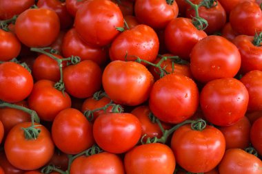 Bir pazarda taze olgun kırmızı domates