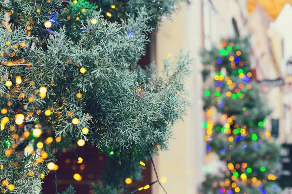 Рождественская ёлка на улице, украшенная яркой гирляндой — стоковое фото
