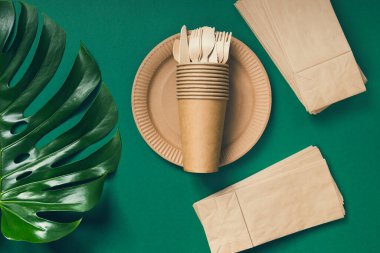 Çevre dostu kağıt sofra takımı yeşil arka planda canavar yapraklı. Geri dönüşüm konsepti. Üst Manzara. Uzayı kopyala Hiç atık teması.