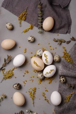 Close up of chicken and quail eggs with flowers and decorative elements on grey background clipart