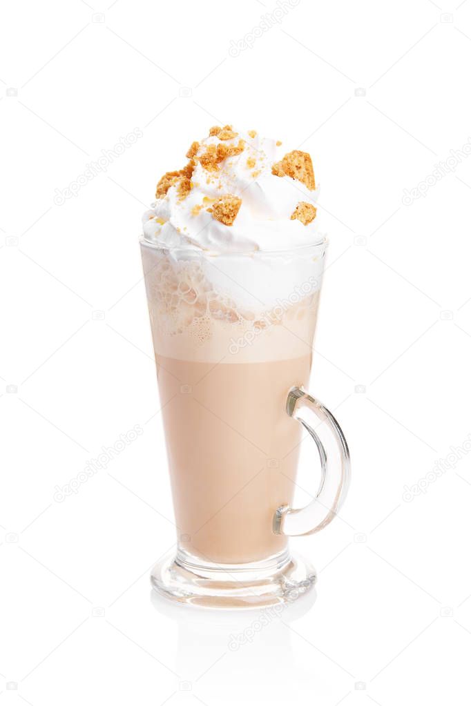 Coffe latte cup with whipped cream on white background
