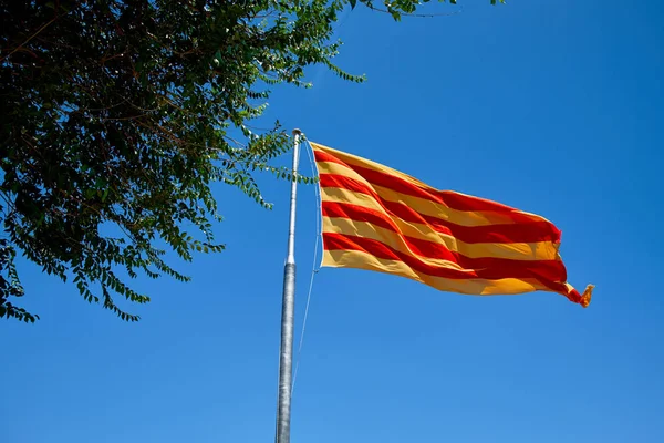 Bandera de Cataluña contra el cielo azul. Bandera de Cataluña ondeando contra cielo azul claro . — Foto de Stock