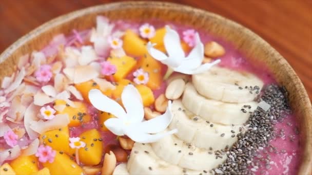 Tropical Breakfast Fruit Smoothie Bowl — Stock Video