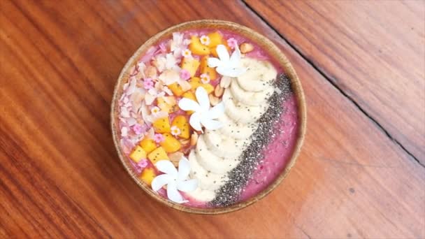 Tropical Breakfast Fruit Smoothie Bowl — Stock Video