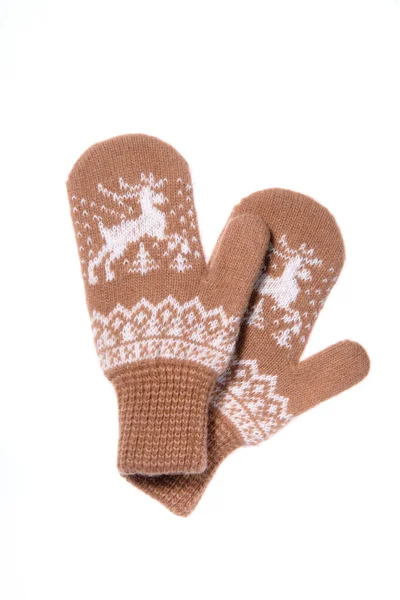 Warm woolen knitted mittens isolated on white background. Brown knitted mittens with pattern — 스톡 사진