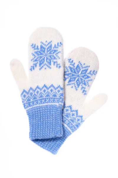 Warm woolen knitted mittens isolated on white background. Blue knitted mittens with pattern — 스톡 사진