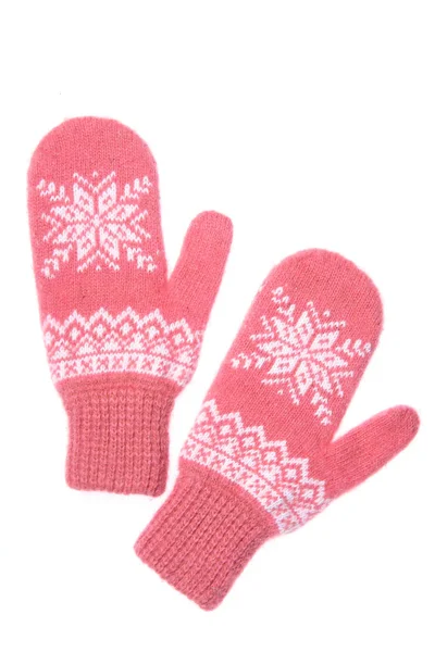 Warme Strickhandschuhe aus Wolle isoliert auf weißem Hintergrund. rosa Strickhandschuhe mit Muster — Stockfoto