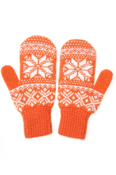 Warm woolen knitted mittens isolated on white background. Orange knitted mittens with pattern — 스톡 사진