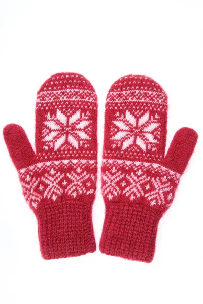 Warm woolen knitted mittens isolated on white background. Red knitted mittens with pattern — 스톡 사진