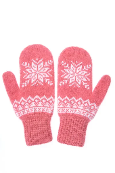 Warm woolen knitted mittens isolated on white background. Pink k — Stock Photo, Image