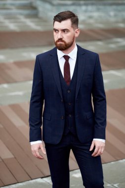 Klasik takım elbiseli çekici sakallı genç adam. Zarif ve erkek tarzı