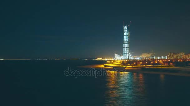 Panorama Timelapse Centro Lahta Por Noche — Vídeos de Stock