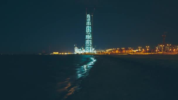 Panorama Timelapse Centro Lahta Por Noche — Vídeos de Stock