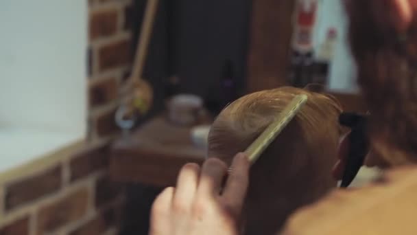 Barber Cuts Little Boy Barbershop Back View — Stock Video