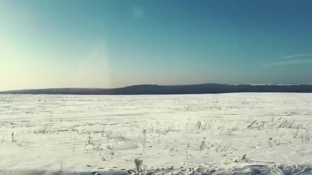 雪覆盖的草地上的田野在一个阳光明媚的下午 在霜冻 从移动的汽车的窗击 — 图库视频影像