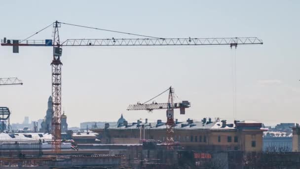 Grues Construction Sur Ville Dans Soirée — Video