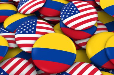 ABD ve Kolombiya rozetleri arka plan - Amerikalı ve Kolombiyalı bayrak yığını düğmeleri 3d çizim