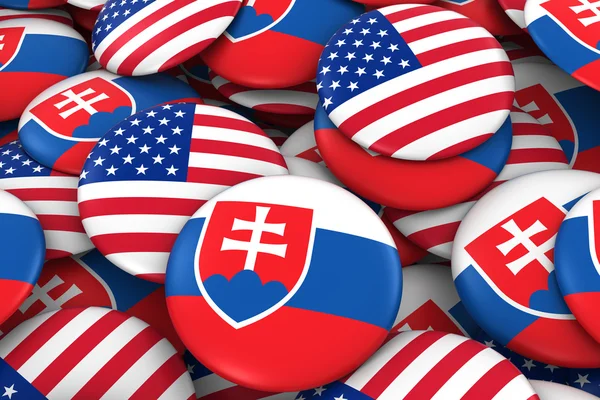 USA a Slovensko Badges pozadí-hromádka amerických a slovenských tlačítek pro vlajky 3D ilustrace — Stock fotografie