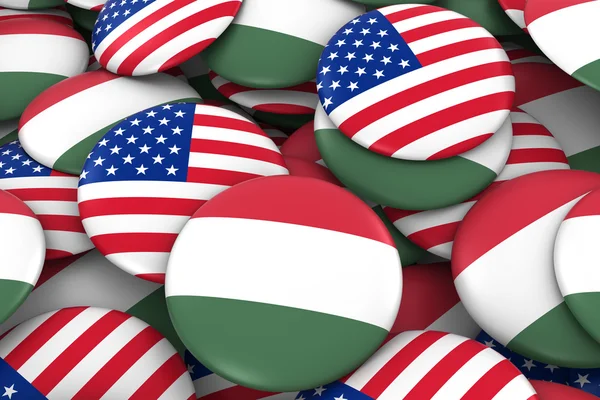 アメリカとハンガリーのバッジの背景 - アメリカとハンガリーの旗ボタンの山 3D イラスト — ストック写真