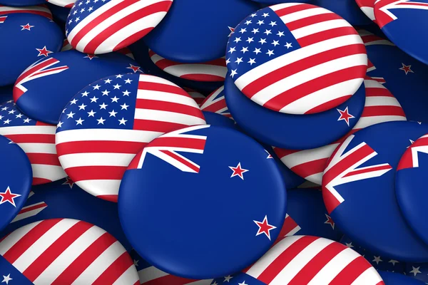 USA a Nový Zéland Badges pozadí-hromádka amerických a novozélandských knoflíků 3D ilustrace — Stock fotografie