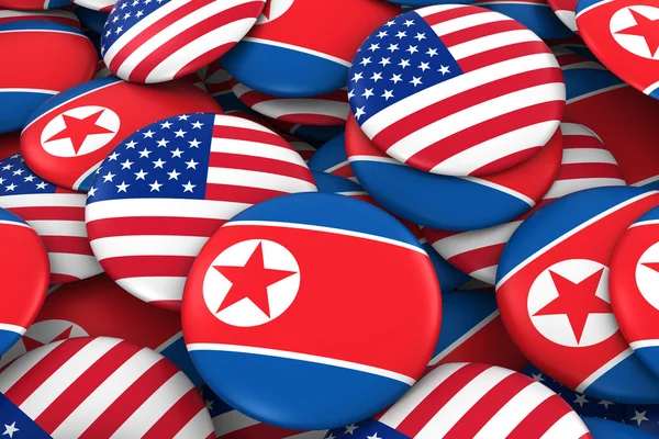 Estados Unidos y Corea del Norte Insignias Antecedentes Pila de América y Corea del Norte Botones de la bandera Ilustración 3D — Foto de Stock