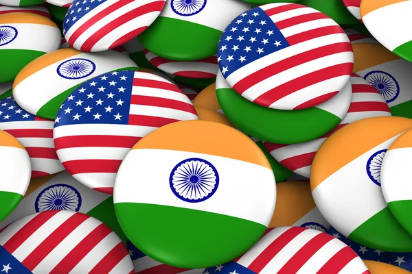 Insignes des États-Unis et de l'Inde Contexte - Pile de boutons de drapeau américain et indien Illustration 3D — Photo