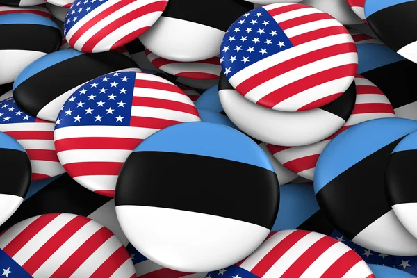 USA a Estonsko Badges pozadí-hromádka amerických a estonských tlačítek vlajky 3D ilustrace — Stock fotografie