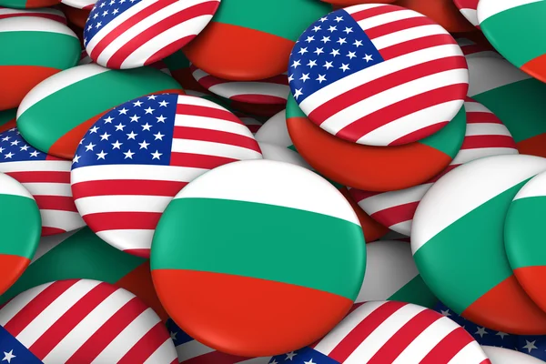 アメリカとブルガリアのバッジの背景 - アメリカとブルガリアの旗ボタンの山 3D イラスト — ストック写真