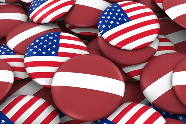 EUA e Letônia Insígnias fundo - Pilha de botões de bandeira americana e letã ilustração 3D — Fotografia de Stock