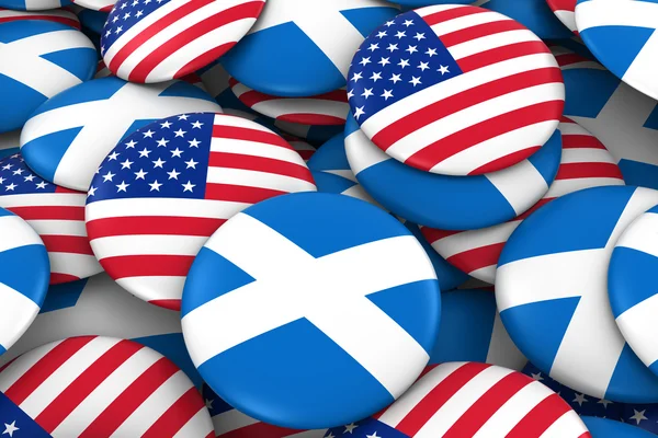 USA a Skotsko Badges pozadí-hromádka amerických a skotských tlačítek s vlajkou 3D ilustrace — Stock fotografie
