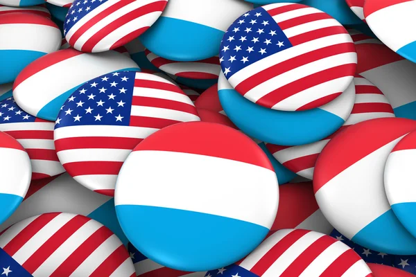 USA a Lucembursko Badges pozadí-hromádka amerických a lucemburských tlačítek praporků 3D ilustrace — Stock fotografie