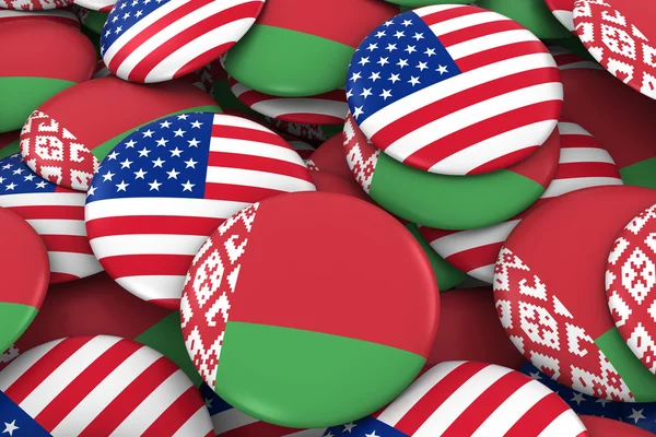 Sfondo di distintivi USA e Bielorussia - Pile di pulsanti di bandiera americani e bielorussi Illustrazione 3D — Foto Stock