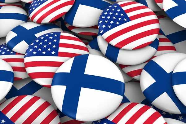 USA a Finsko Badges pozadí-hromádka amerických a finských tlačítek příznaků 3D ilustrace — Stock fotografie
