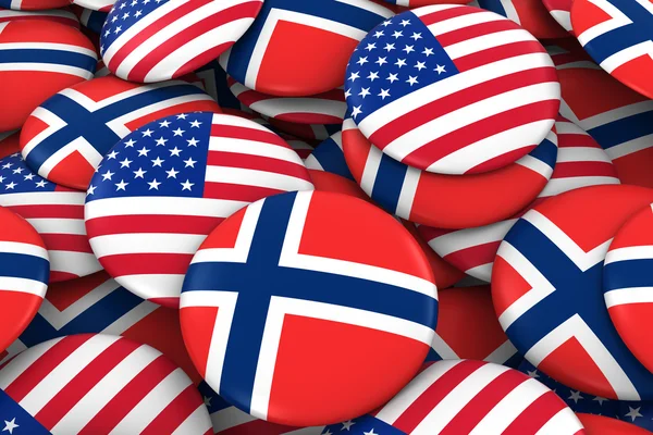 USA and Norway Badges Background - Pile of American and Norwegian Flag Buttons 3D Illustration