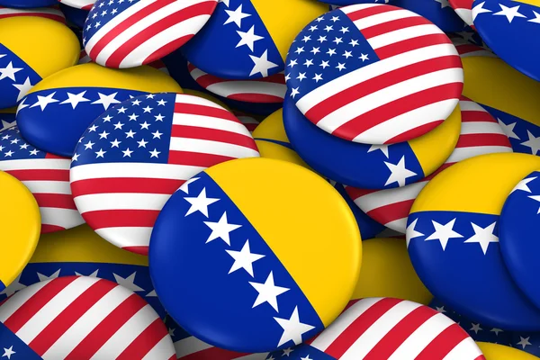 ΗΠΑ και Βοσνία Ερζεγοβίνη κονκάρδες φόντο - σωρός της Αμερικής και της Βοσνίας Herzegovinan σημαία κουμπιά 3d απεικόνιση — Φωτογραφία Αρχείου