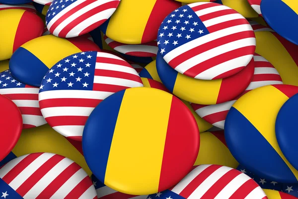 3d obrázek tlačítka pro USA a Rumunsko odznaky pozadí - hromadu americká a Rumunská vlajka — Stock fotografie