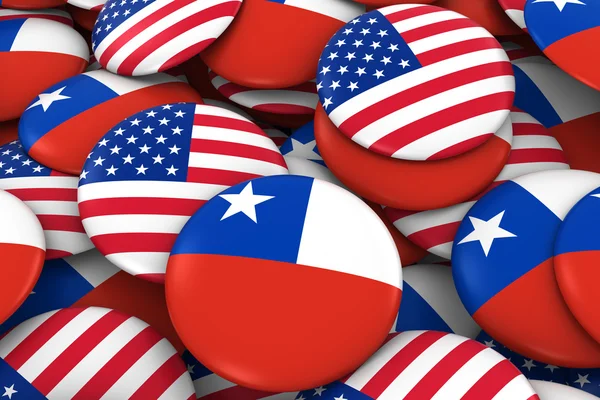3d obrázek tlačítka pro USA a Chile odznaky pozadí - hromadu amerických a Chilské vlajky — Stock fotografie