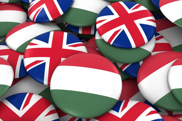 Hongarije en UK badges achtergrond-stapel Hongaarse en Britse vlag knoppen 3D illustratie — Stockfoto