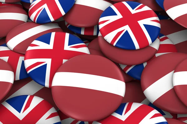 Lotyšsko a Spojené království Badges pozadí-hromada lotyšských a britských vlajkového tlačítek 3D ilustrace — Stock fotografie