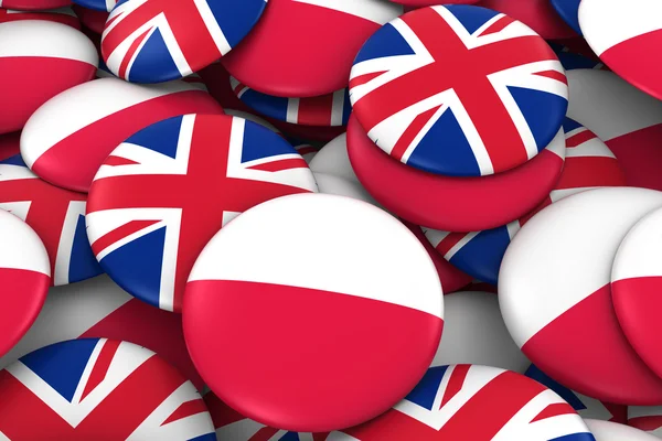 Insignias de Polonia y Reino Unido Antecedentes - Montón de botones de bandera polaca y británica Ilustración 3D — Foto de Stock