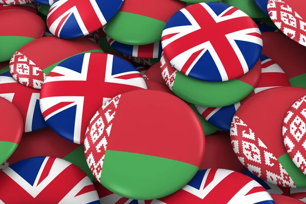 Belarus and UK Badges Background - Pile of Belarusian and British Flag Buttons 3D Illustration — Stock Photo, Image