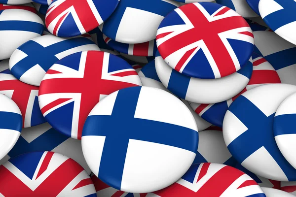 Finsko a Spojené království Badges pozadí-hromádka finských a britských praporků 3D ilustrace — Stock fotografie