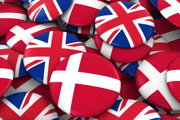 Dánsko a Spojené království na pozadí-halda dánských a britských praporků 3D ilustrace — Stock fotografie