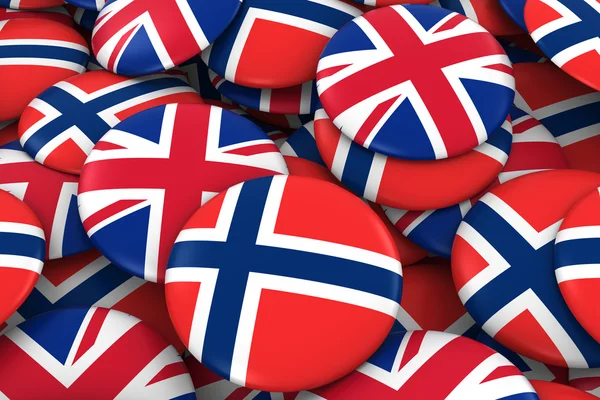 Norway and UK Badges Background - Pile of Norwegian and British Flag Buttons 3D Illustration — Stock Photo, Image